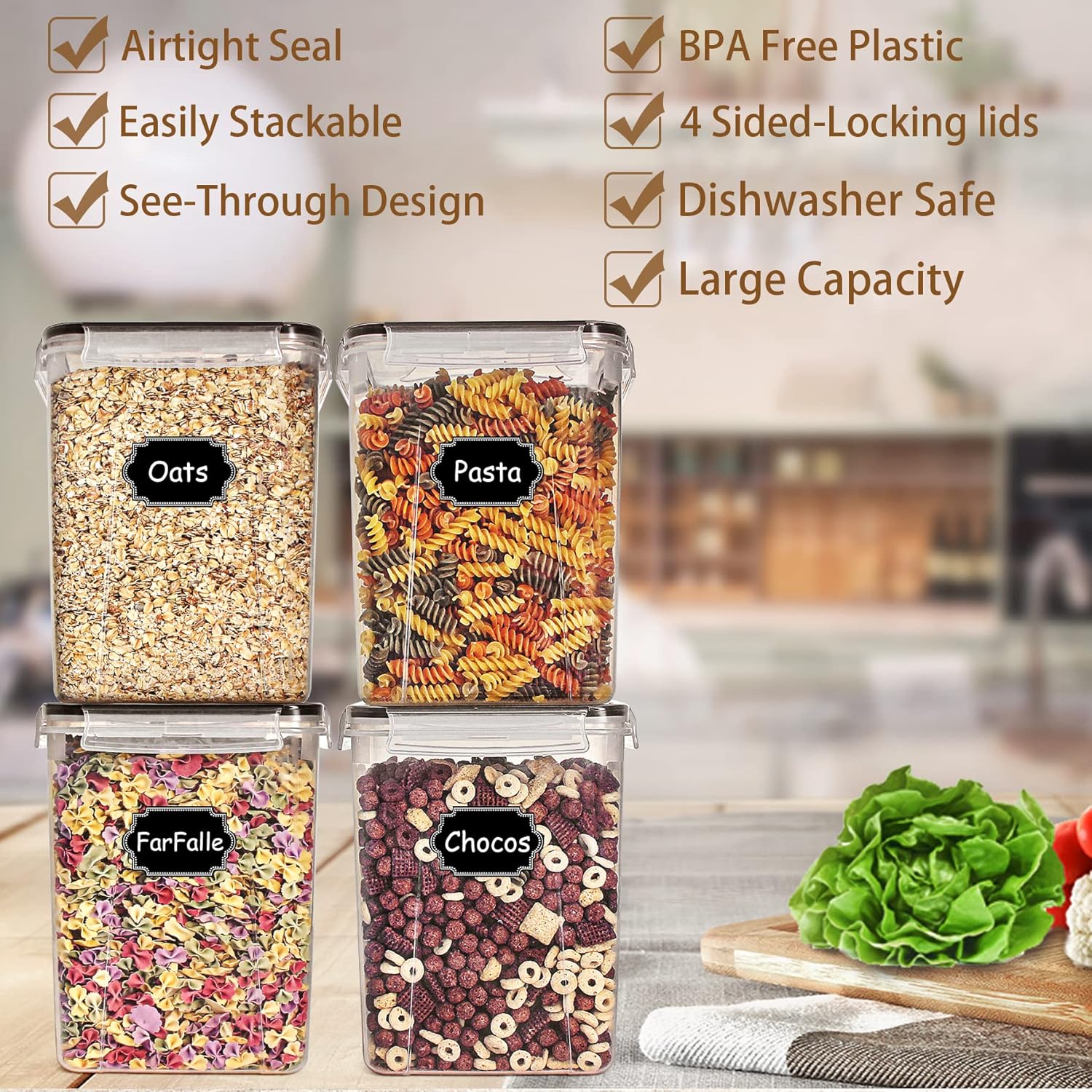 Food Snacks Label - Tyrixma, juego de 4 recipientes grandes